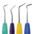 Four dental tools with colorful handles on a white background
